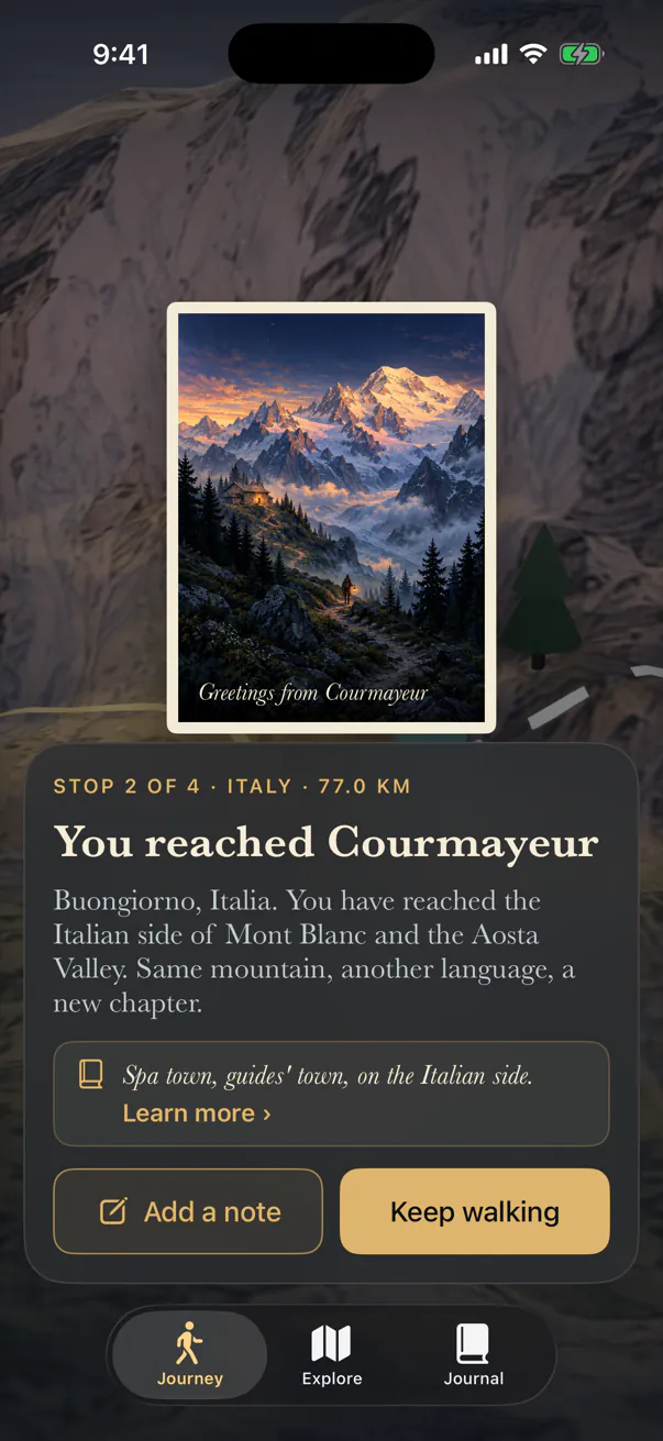 Reaching Courmayeur: its postcard turns into view above the stop’s story.