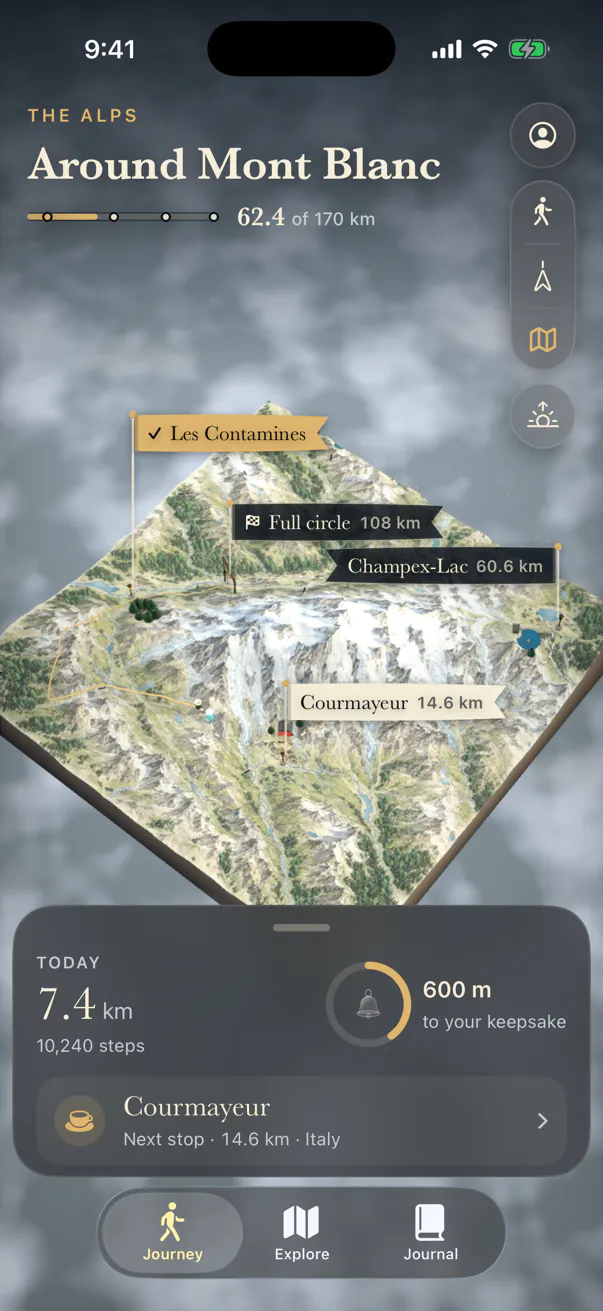 The whole route around Mont Blanc as a diorama on a sea of cloud.